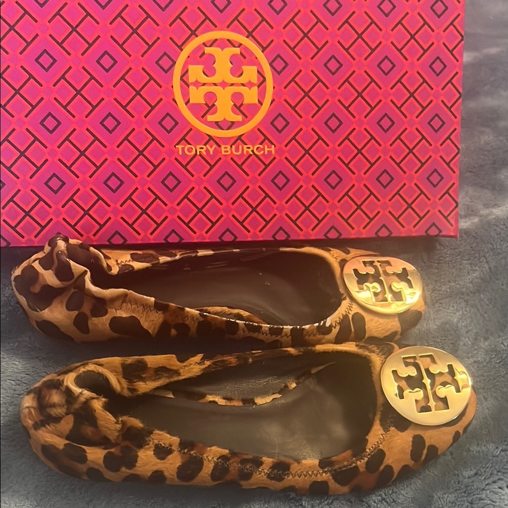 Tory Burch Leopard Pattern Flats with Gold Logo